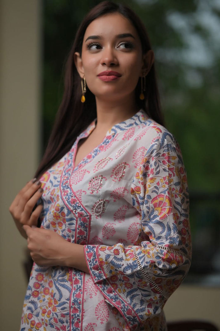 White Floral Suit - 2 piece set No Dupatta | Made to Order | SHOBITAM