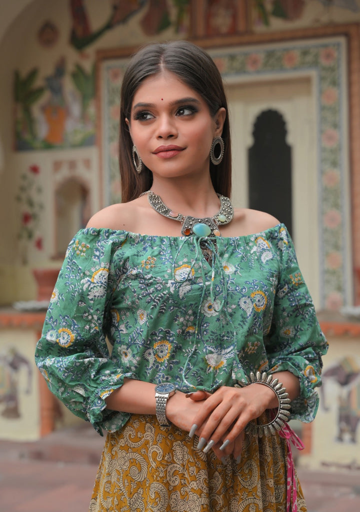 Mustard Love Peasant Top with Umbrella Cut Skirt For Woman, Twinning option available. | Made To Order