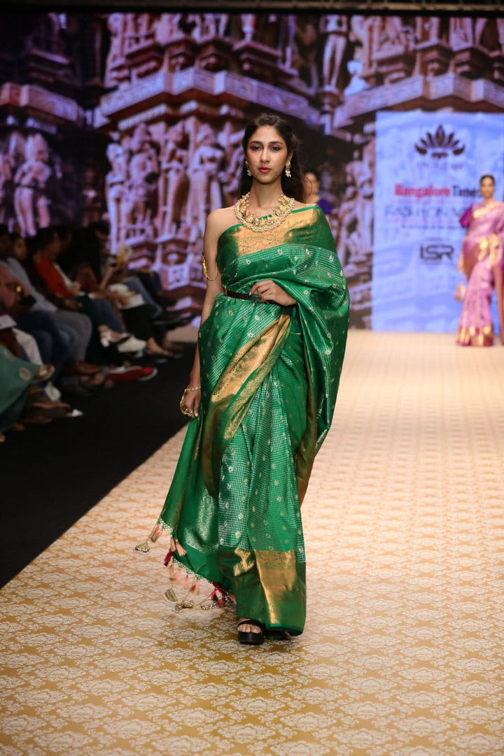 Zari Checks Kanjivaram Pure Silk Saree with Meenakari Buttas and Handwork Kemp Tassels | SILK MARK CERTIFIED