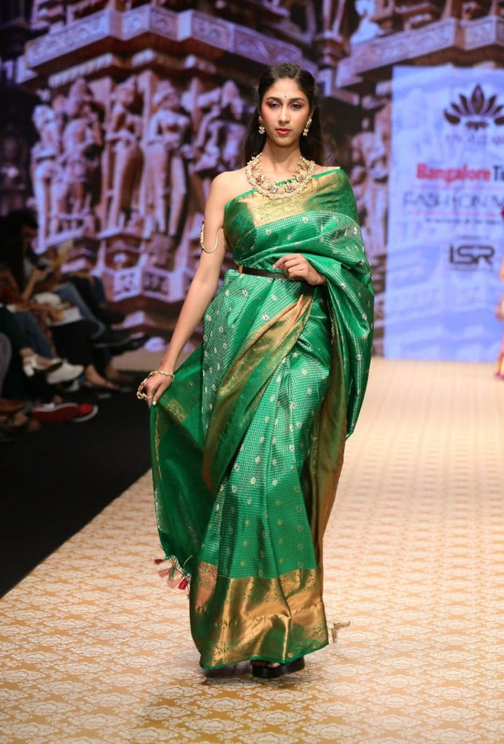 Zari Checks Kanjivaram Pure Silk Saree with Meenakari Buttas and Handwork Kemp Tassels | SILK MARK CERTIFIED