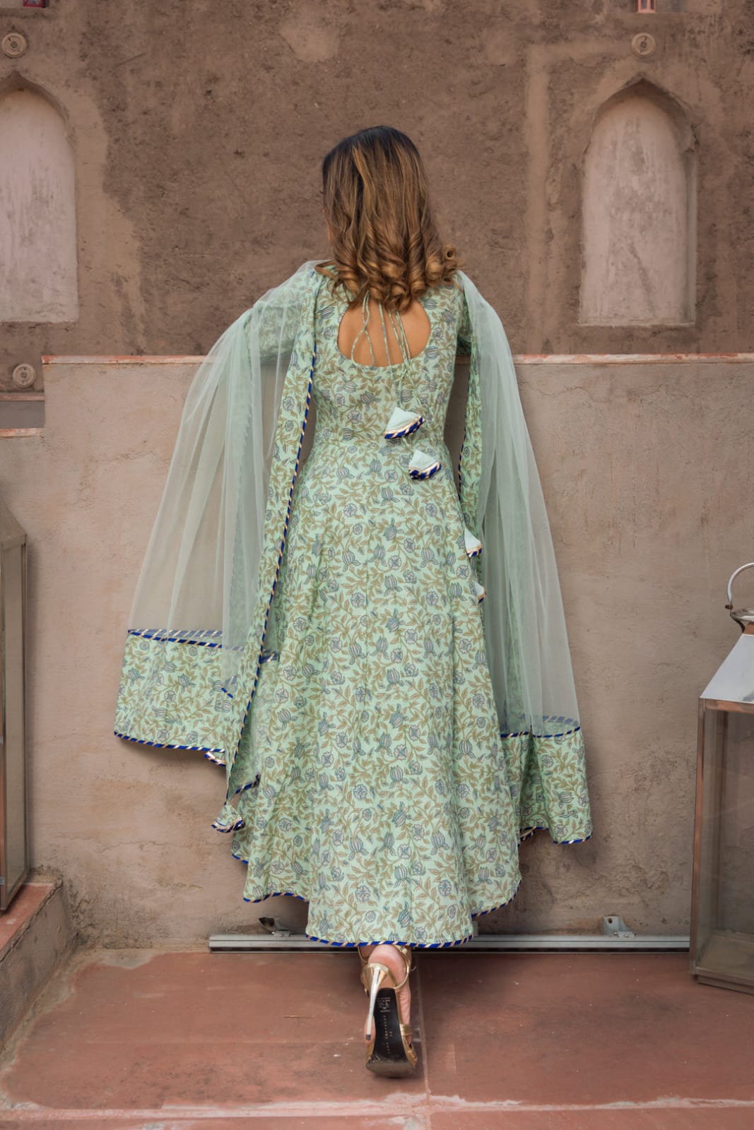 AQUA GREEN HAND BLOCK PRINT ANARKALI SET | SHOBITAM