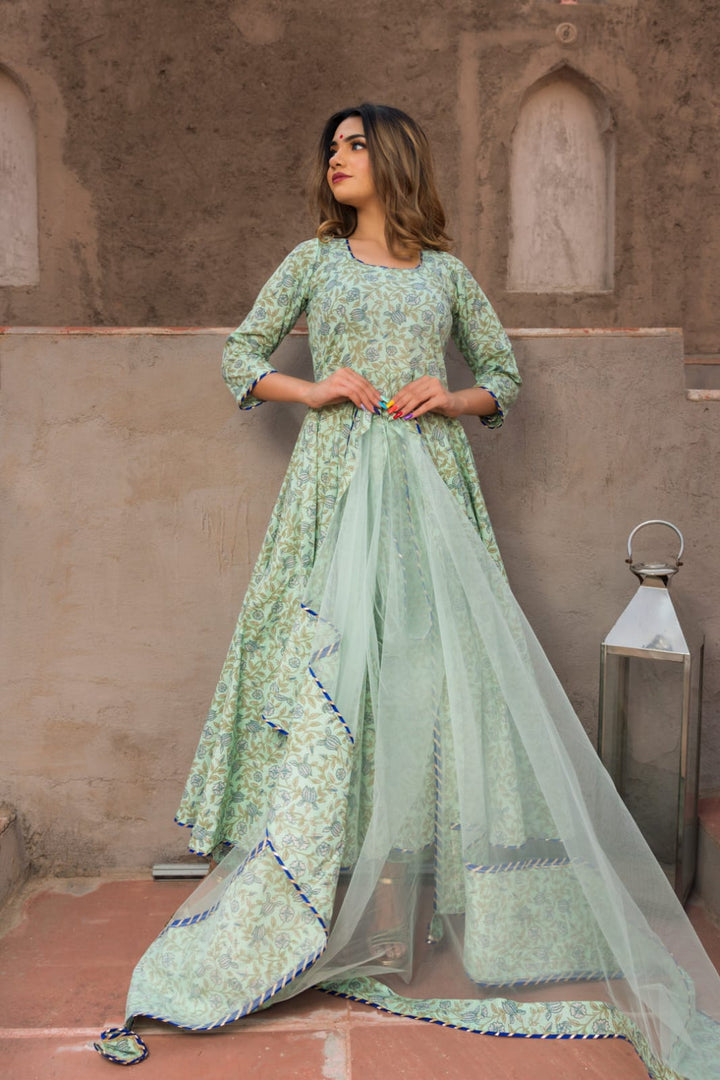 AQUA GREEN HAND BLOCK PRINT ANARKALI SET | SHOBITAM