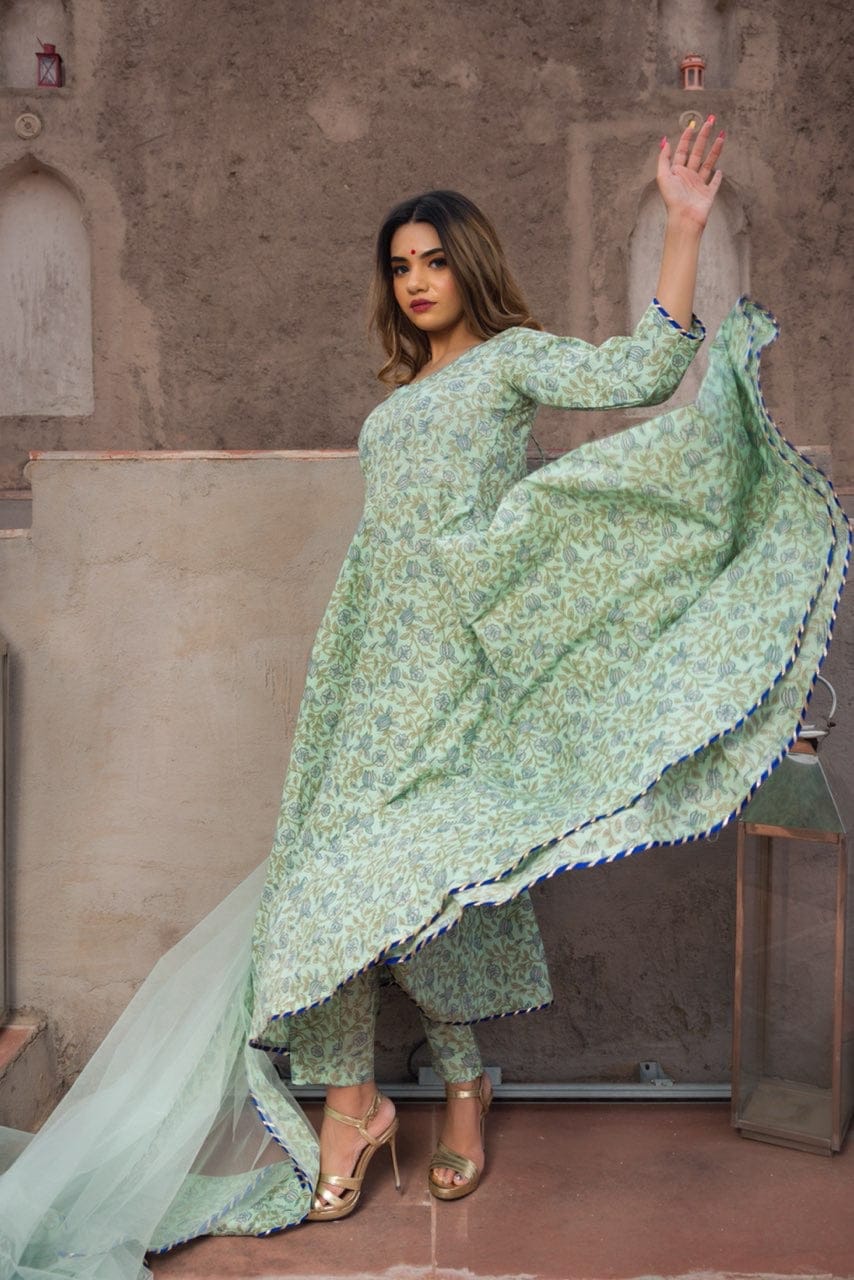 AQUA GREEN HAND BLOCK PRINT ANARKALI SET | SHOBITAM