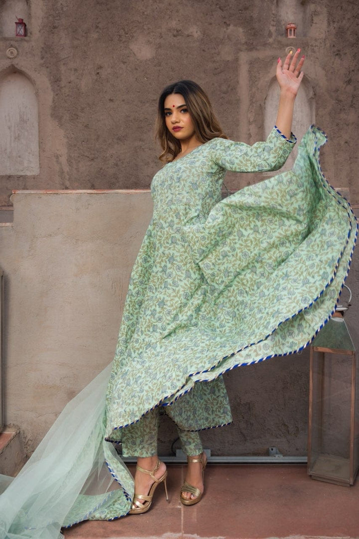 AQUA GREEN HAND BLOCK PRINT ANARKALI SET | SHOBITAM
