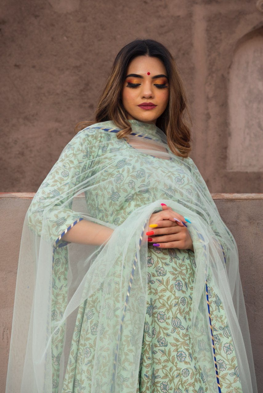 AQUA GREEN HAND BLOCK PRINT ANARKALI SET | SHOBITAM