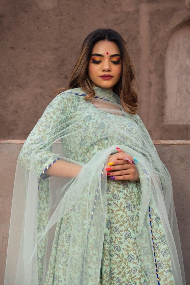 AQUA GREEN HAND BLOCK PRINT ANARKALI SET | SHOBITAM
