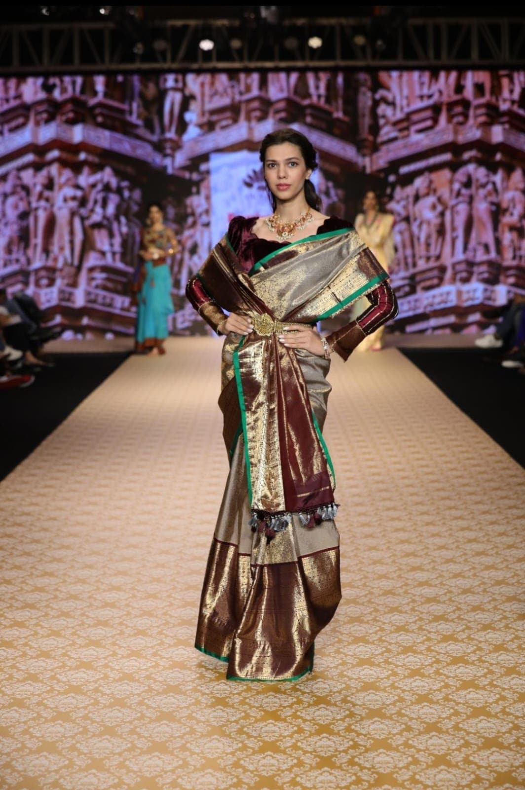 Taupe Exquisite Brocade Gadwal Silk Saree with floral Jaal and extravagant 16 inch Zari border | SILK MARK CERTIFIED