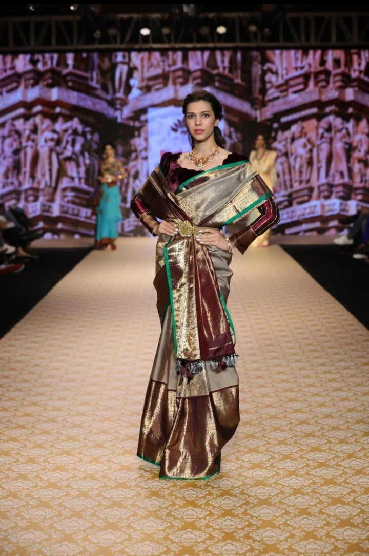 Taupe Exquisite Brocade Gadwal Silk Saree with floral Jaal and extravagant 16 inch Zari border | SILK MARK CERTIFIED