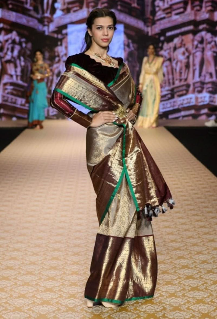 Taupe Exquisite Brocade Gadwal Silk Saree with floral Jaal and extravagant 16 inch Zari border | SILK MARK CERTIFIED