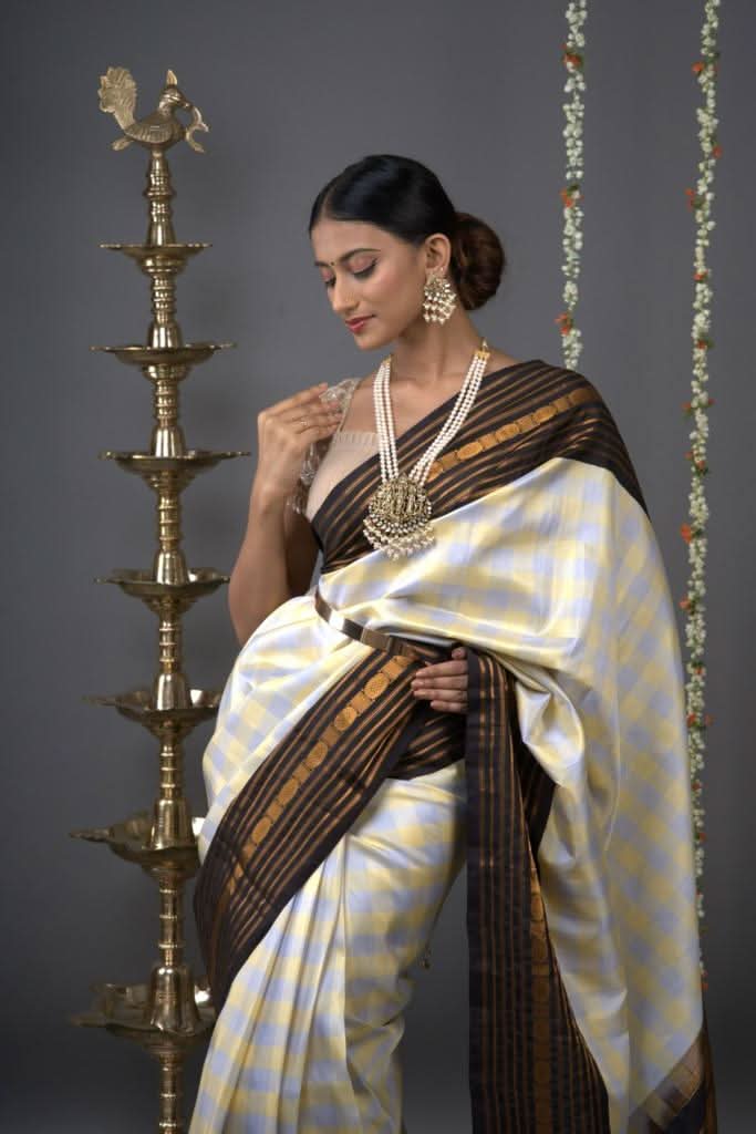 Checks with Korvai Border Gadwal Pure Silk Saree in Butter Yellow and Heather Gray  | SILK MARK CERTIFIED