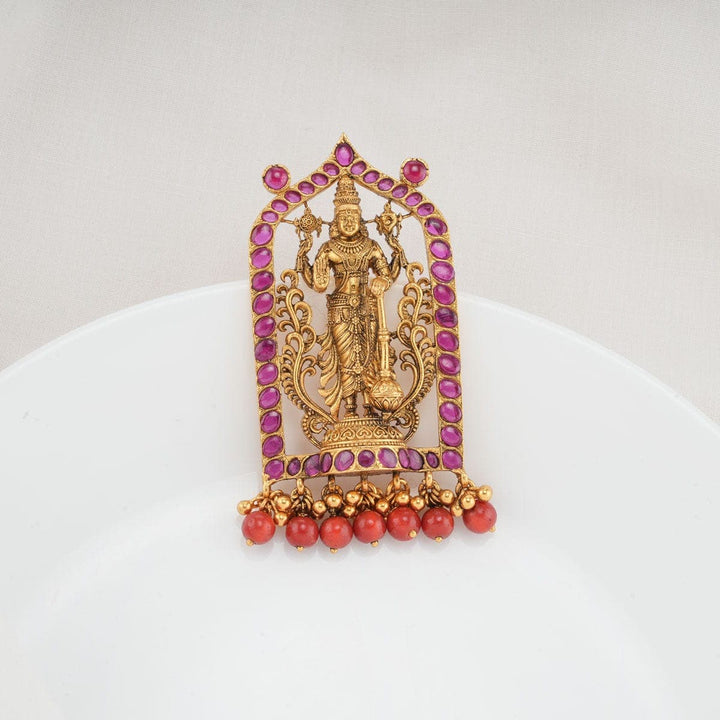 925 Silver Balaji  Pendant with pink stone and dangling beads detailing