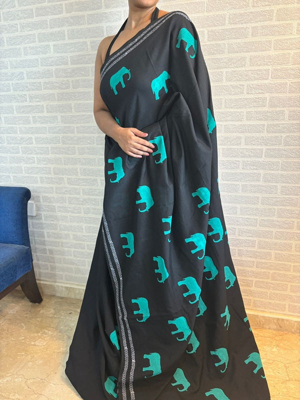 GajaGamini-Mint Green Hand Block Elephant Print Cotton Saree | SHOBITAM
