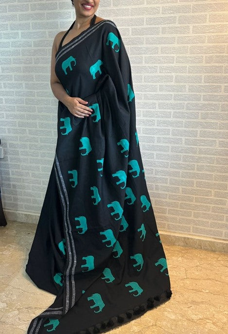 GajaGamini-Mint Green Hand Block Elephant Print Cotton Saree | SHOBITAM