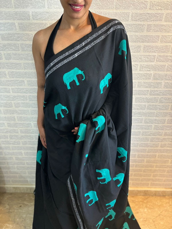 GajaGamini-Mint Green Hand Block Elephant Print Cotton Saree | SHOBITAM