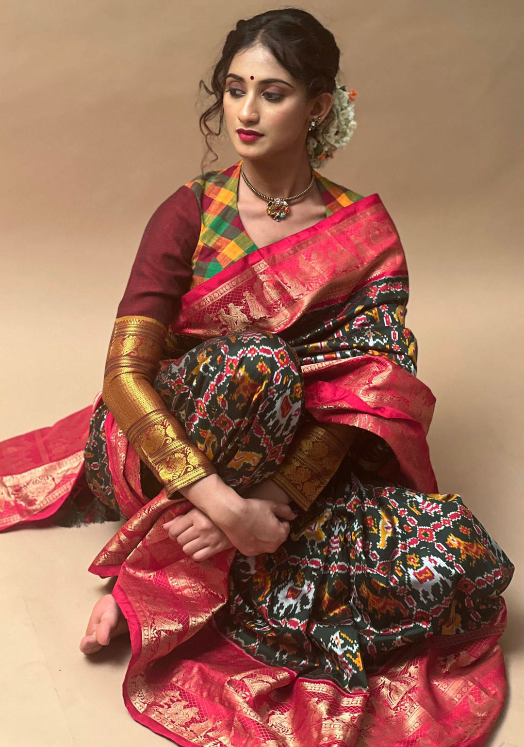 Exquisite Ikkat Kanjivaram Fusion Silk Saree in Deep Green with Grand Pallu and Wide Zari Border | SILK MARK CERTIFIED