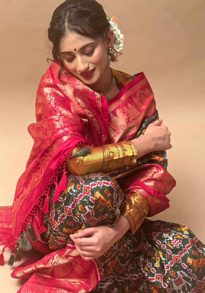 Exquisite Ikkat Kanjivaram Fusion Silk Saree in Deep Green with Grand Pallu and Wide Zari Border | SILK MARK CERTIFIED