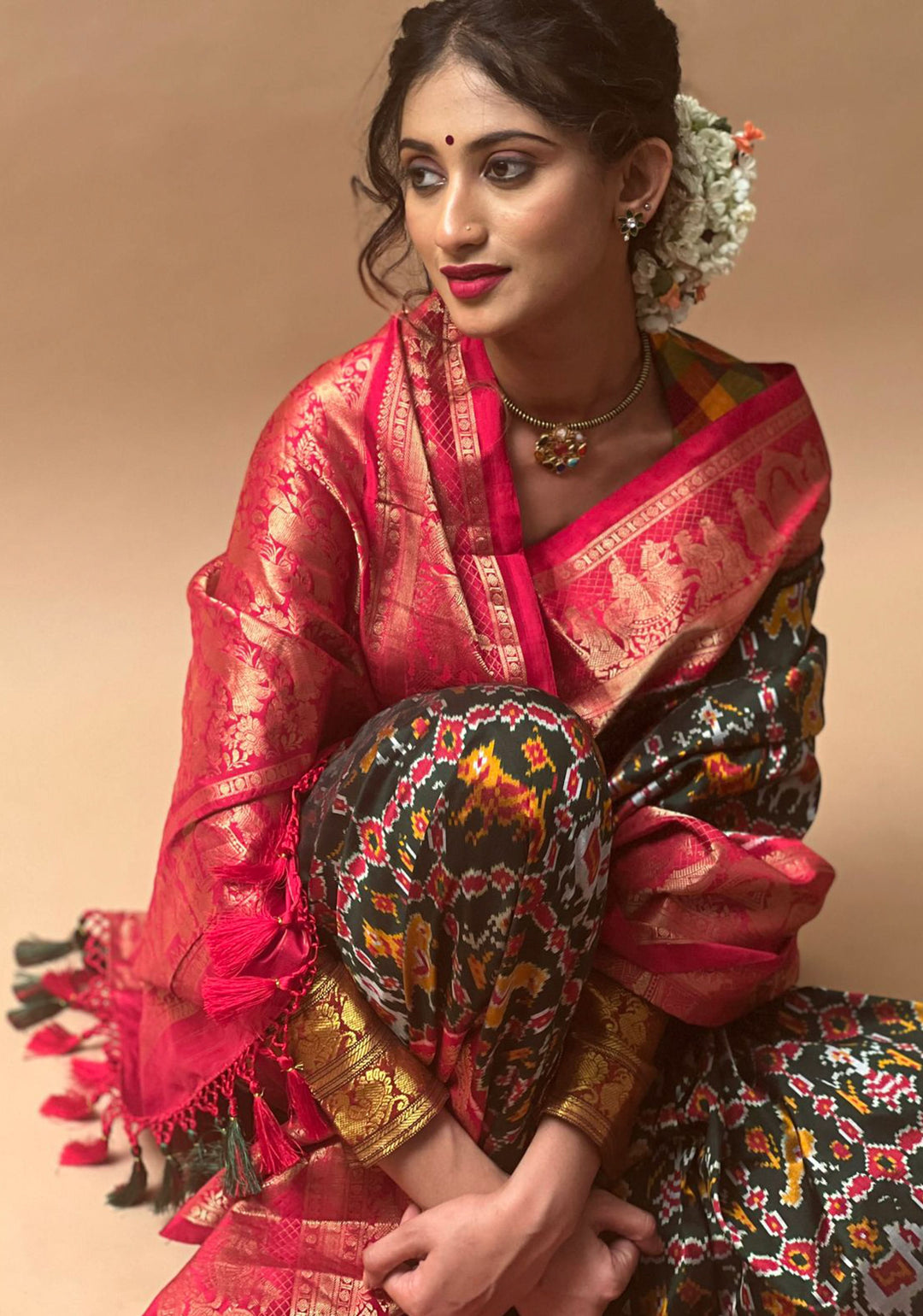 Exquisite Ikkat Kanjivaram Fusion Silk Saree in Deep Green with Grand Pallu and Wide Zari Border | SILK MARK CERTIFIED