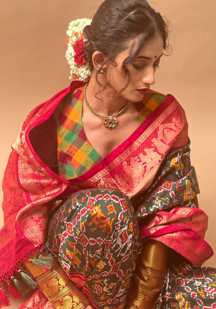 Exquisite Ikkat Kanjivaram Fusion Silk Saree in Deep Green with Grand Pallu and Wide Zari Border | SILK MARK CERTIFIED