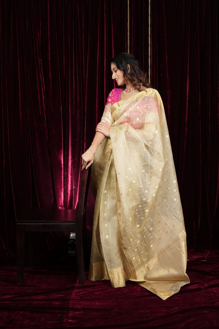 Ivory and Gold Chanderi Silk Saree with Zari checks and Buttas