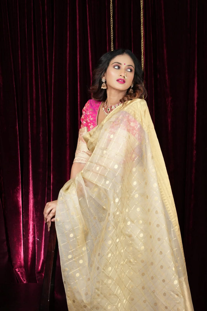 Ivory and Gold Chanderi Silk Saree with Zari checks and Buttas