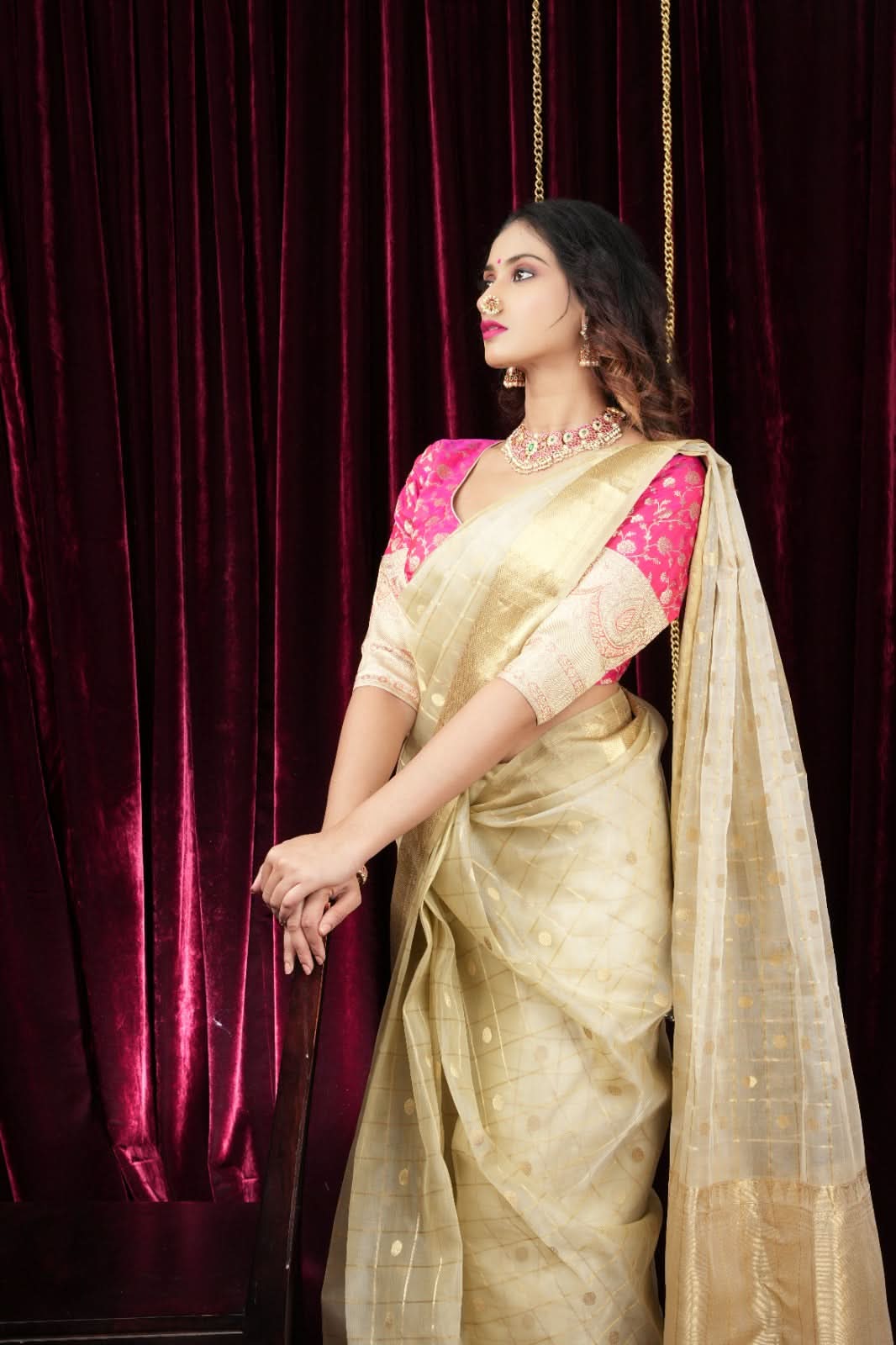 Ivory and Gold Chanderi Silk Saree with Zari checks and Buttas