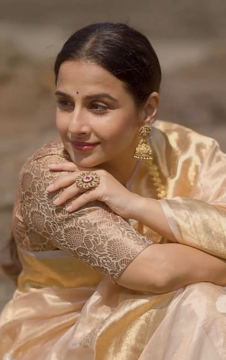 Elegant Antique Gold Floral Brocade Banarasi blouse with leaf and matka neck, Made to Order | SHOBITAM