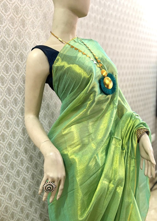 Varnam- Lime Green Tissue Cotton Saree | SHOBITAM