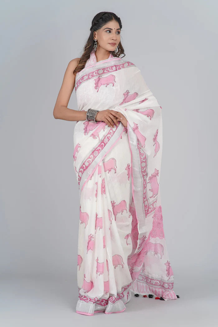 White Beautiful Soft Cotton Mulmul Pichwai Block Printed With Border Wrap In One Minute Saree