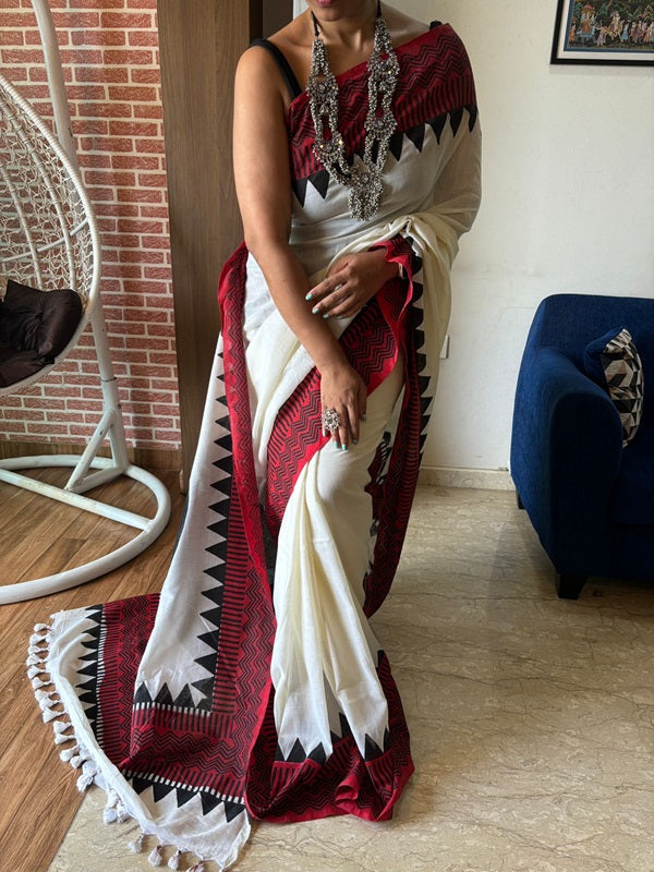 Full Moon- Off White Hand Block Cotton Saree | SHOBITAM