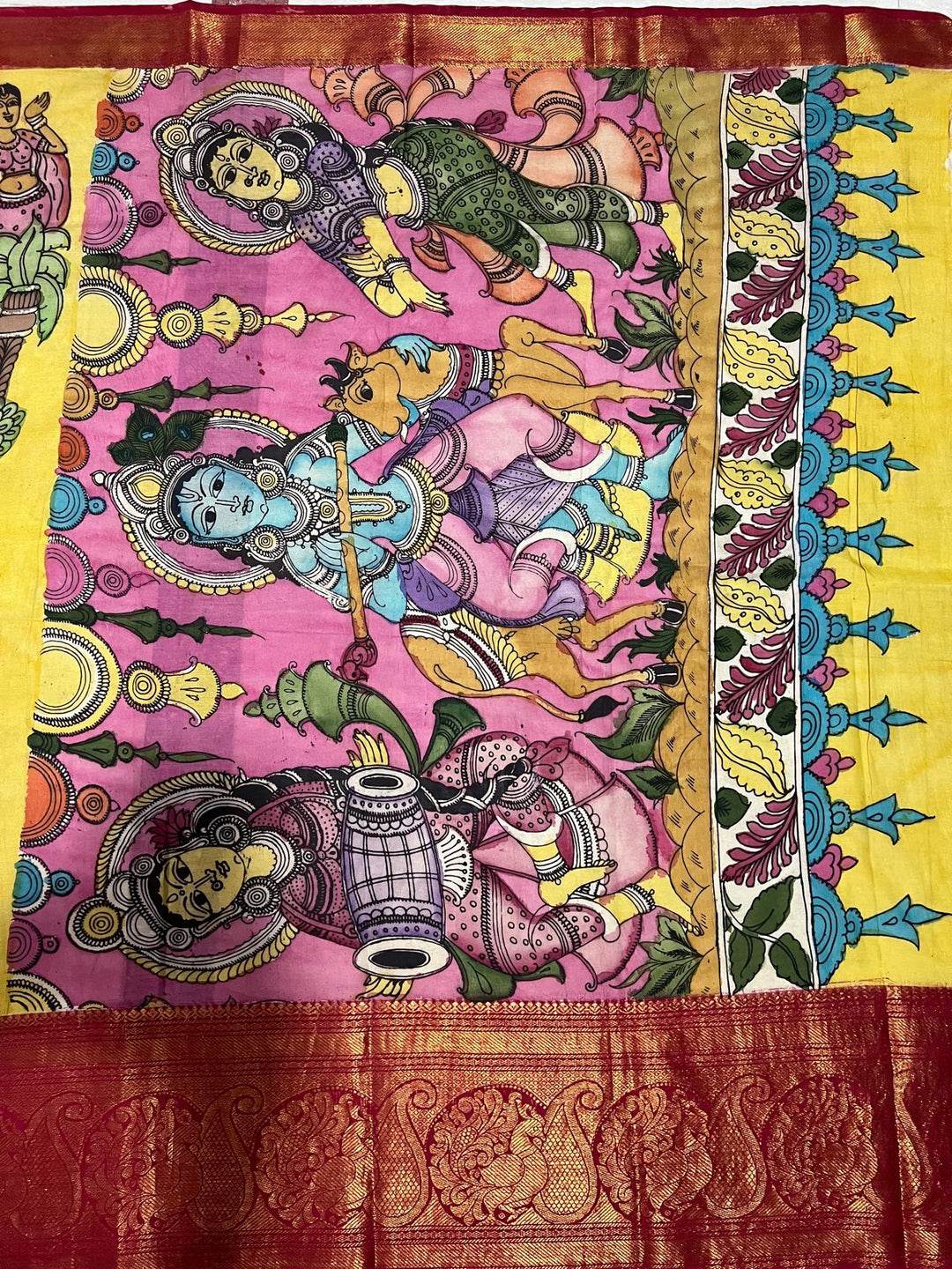 Dancing queens - authentic pen Kalamkari on Chennuri silk with wide zari border