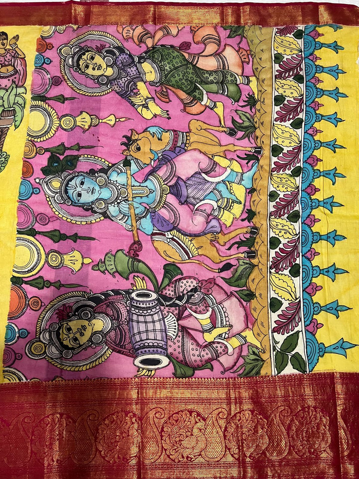 Dancing queens - authentic pen Kalamkari on Chennuri silk with wide zari border