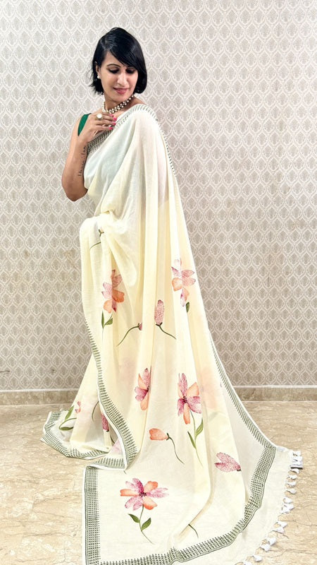 Aura Hand Painted Floral Cotton Saree | SHOBITAM