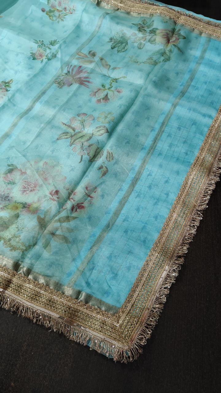 Powder Blue Pure Organza Silk Saree with Floral Digital Print and Lace Trim Border | SILK MARK CERTIFIED