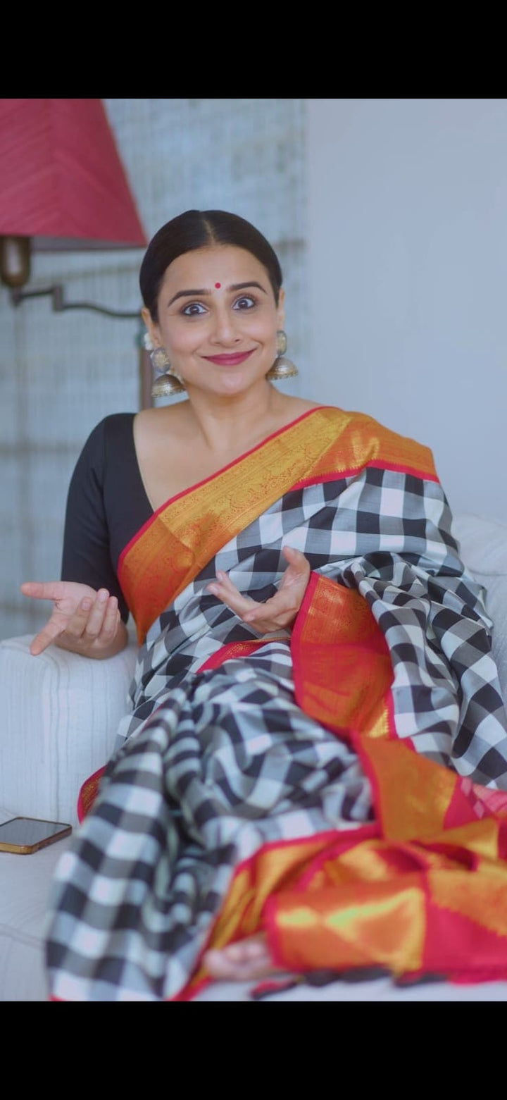 Stunning Korvai Weave Black And White Checks Pure Kanjivaram Silk Saree with Grand Pallu and Red Zari Border | SILK MARK CERTIFIED