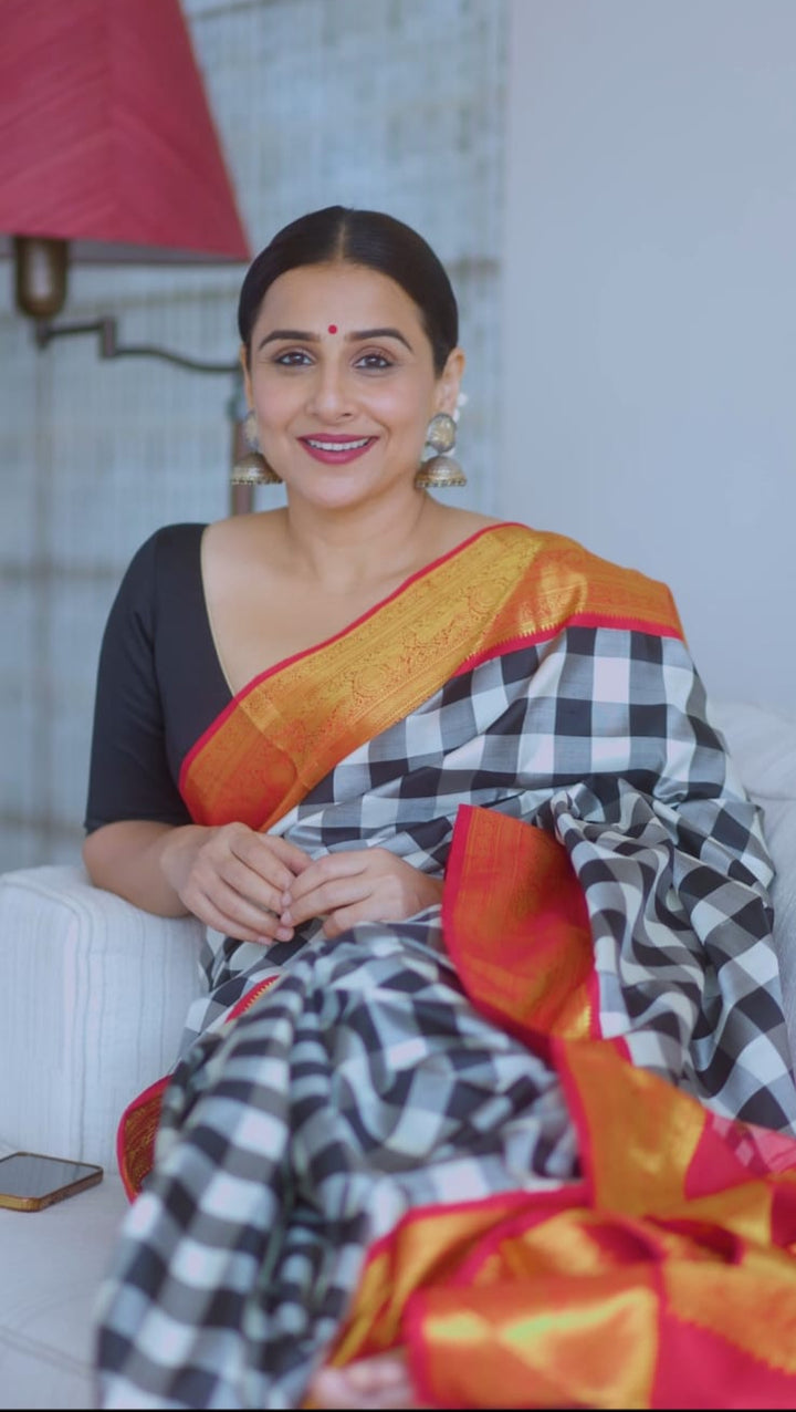 Stunning Korvai Weave Black And White Checks Pure Kanjivaram Silk Saree with Grand Pallu and Red Zari Border | SILK MARK CERTIFIED