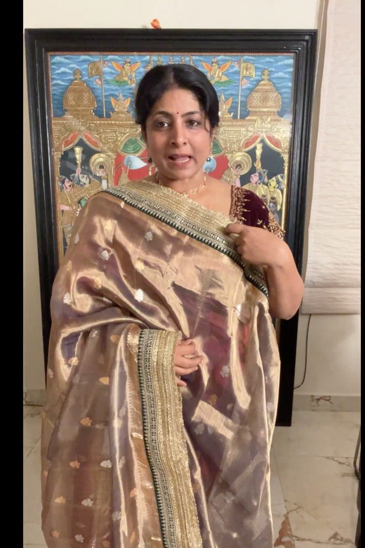 Bronze Pure Organza Silk Saree with Sona Rupa Zari Buttas and Lace Trim Border| SILK MARK CERTIFIED