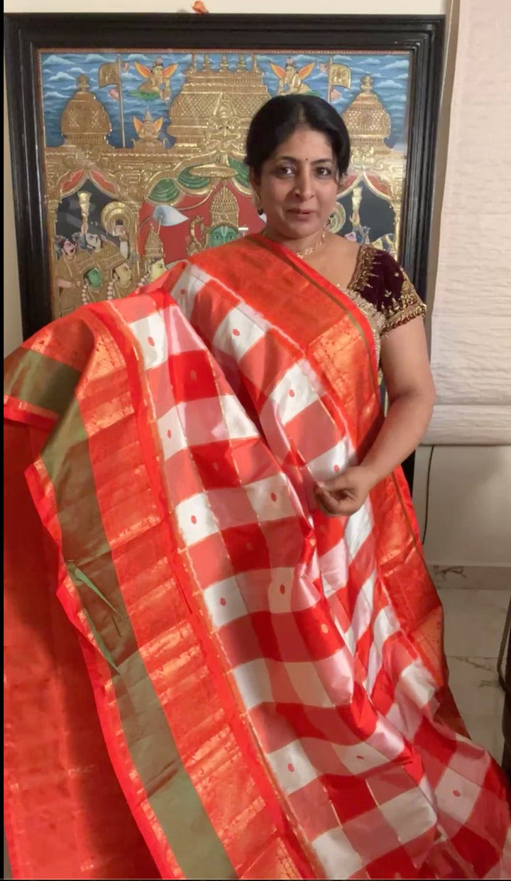 Red and White Ikkat checks Kanjivaram Fusion Silk Saree with zari buttas and wide border| SILK MARK CERTIFIED