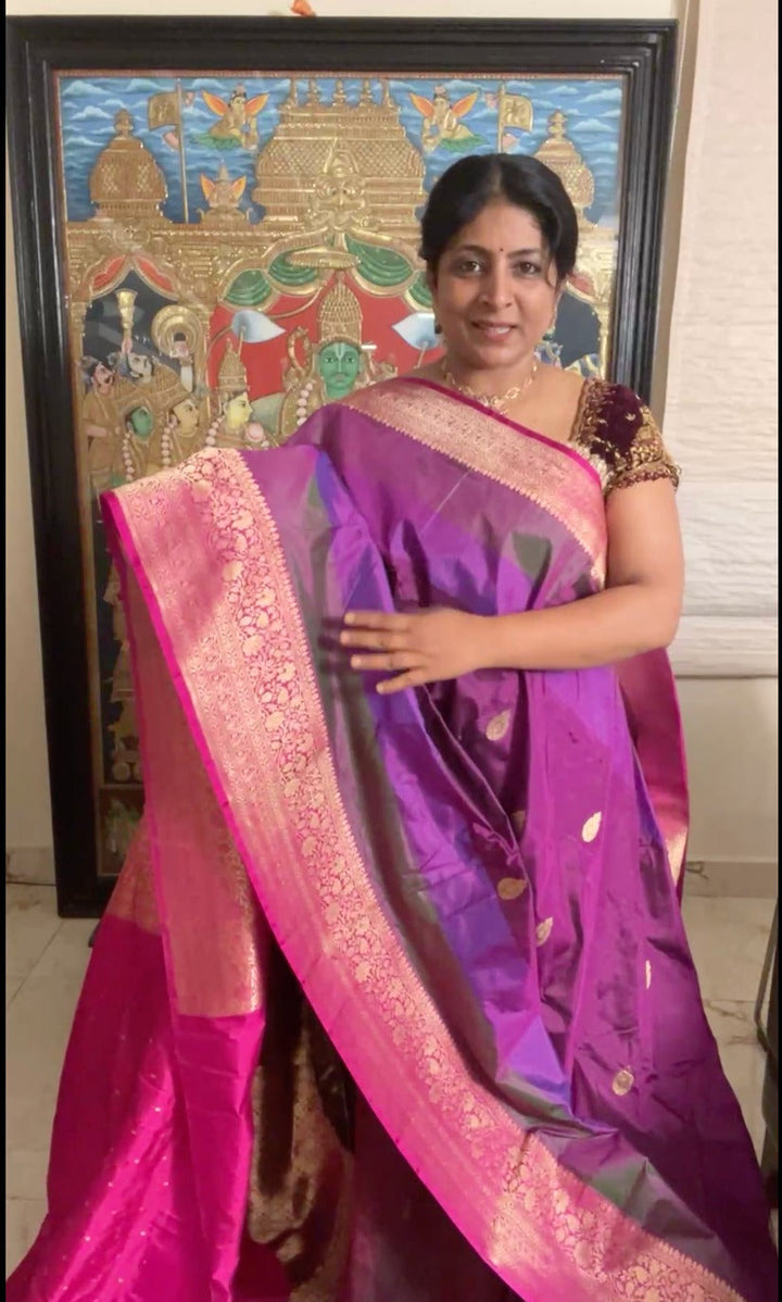 Purple Pure Banarasi Katan Silk Saree with Multicolor Stripes and Contrast Zari Border | SILK MARK CERTIFIED