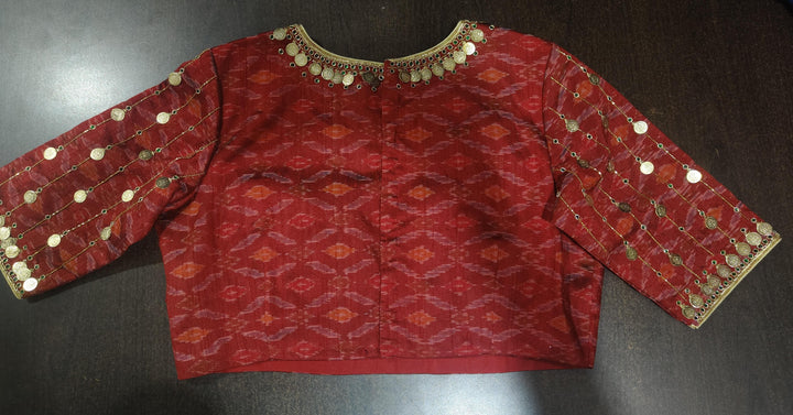 Lakshmi Kaasu Handwork on Woven Ikkat Pure Raw Silk Blouse in Red