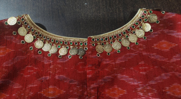 Lakshmi Kaasu Handwork on Woven Ikkat Pure Raw Silk Blouse in Red