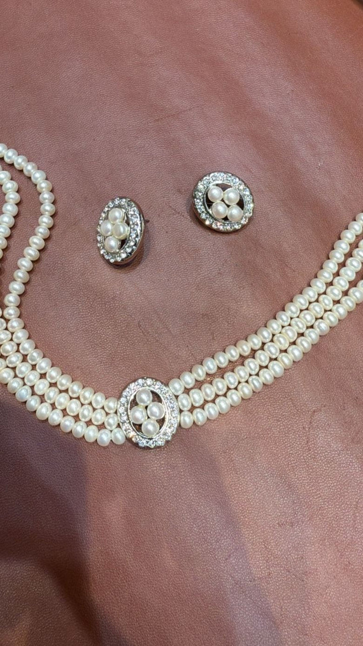 Unique 3 Strand Pure Pearls Choker Set with Central AD Unit and Matching Stud Earrings