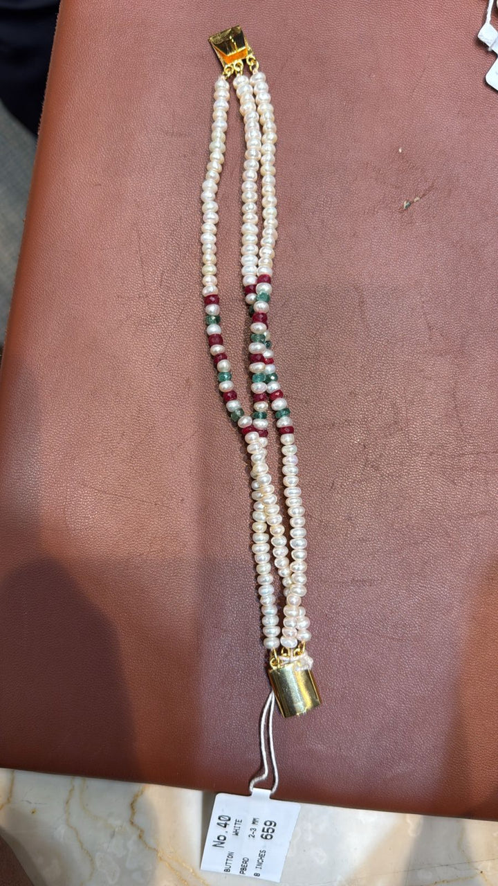 Pure pearls, button shaped 3 strand Bracelet with Real Rubies and Emeralds 8" inches