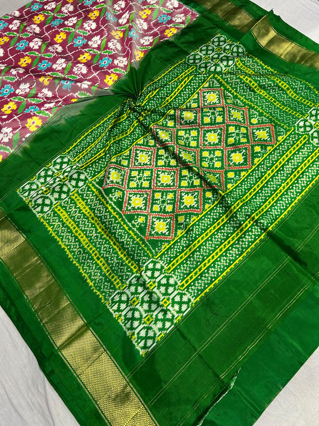 Rose Floral Design Ikkat Pure Silk Saree with Green zari Border | SILK MARK CERTIFIED