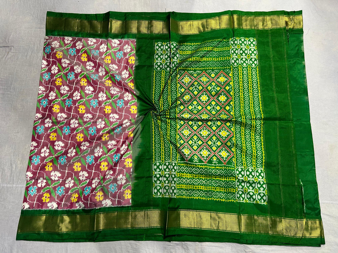 Rose Floral Design Ikkat Pure Silk Saree with Green zari Border | SILK MARK CERTIFIED