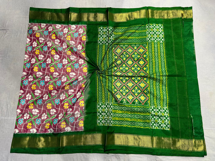 Rose Floral Design Ikkat Pure Silk Saree with Green zari Border | SILK MARK CERTIFIED