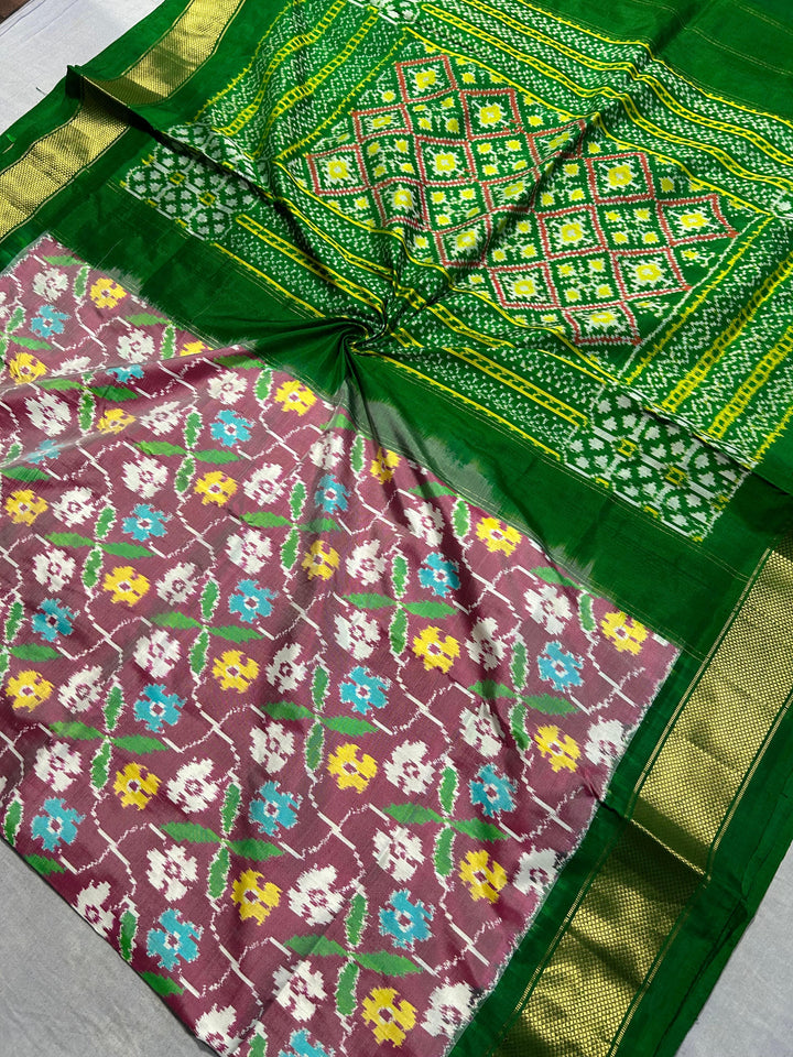 Rose Floral Design Ikkat Pure Silk Saree with Green zari Border | SILK MARK CERTIFIED