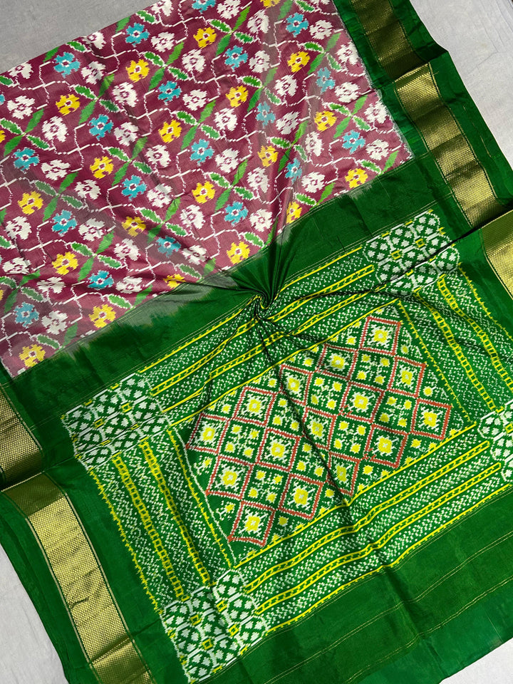 Rose Floral Design Ikkat Pure Silk Saree with Green zari Border | SILK MARK CERTIFIED