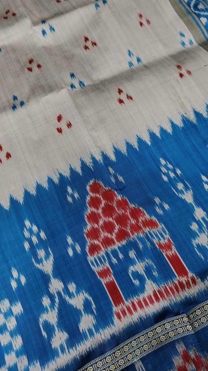 Grey Handloom Sambalpuri Ikkat Silk Saree with Contrast Dolabedi Border and No Blouse Piece| SILK MARK CERTIFIED
