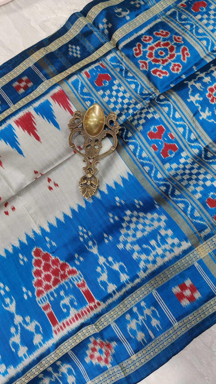 Grey Handloom Sambalpuri Ikkat Silk Saree with Contrast Dolabedi Border and No Blouse Piece| SILK MARK CERTIFIED