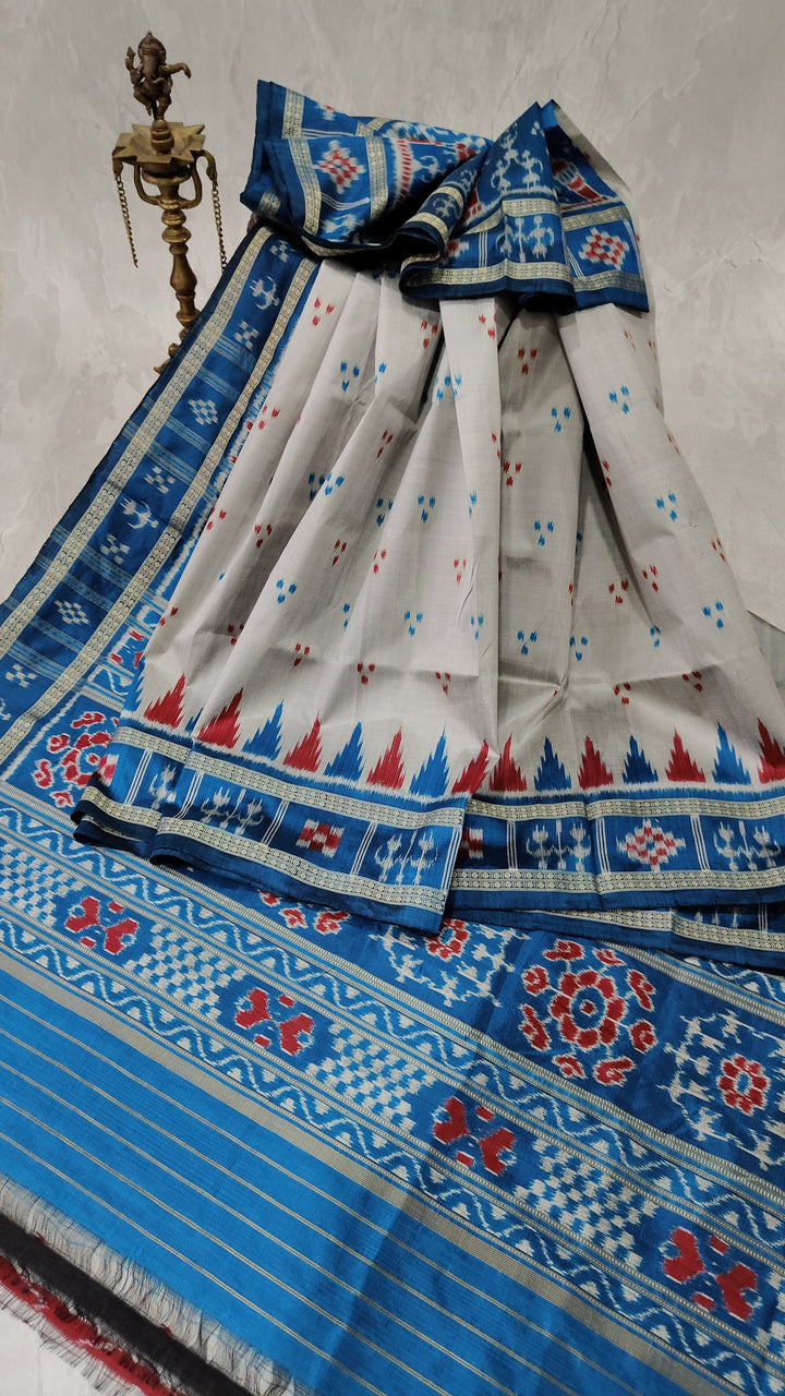 Grey Handloom Sambalpuri Ikkat Silk Saree with Contrast Dolabedi Border and No Blouse Piece| SILK MARK CERTIFIED